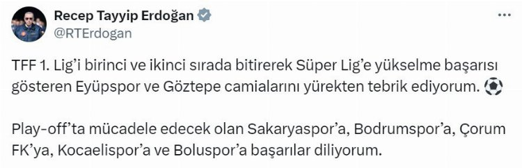 Cumhurbaşkanından TFF 1. Lig’e yükselen takımlara tebrik - Bursa Hayat Gazetesi-2