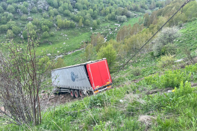 Virajı alamayan tır, şarampole yuvarlandı