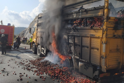 Domates yüklü kamyon çıkan yangında kullanılamaz hale geldi